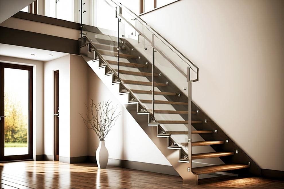 Glass railing staircase with wooden steps UAE | درابزين زجاج مع درج خشبي