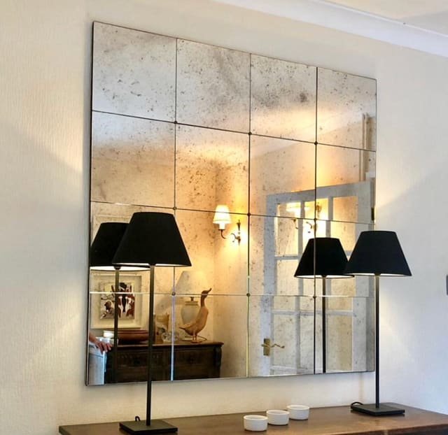 Antique patina grid mirror luxury interior Dubai UAE | مرآة باتينا عتيقة