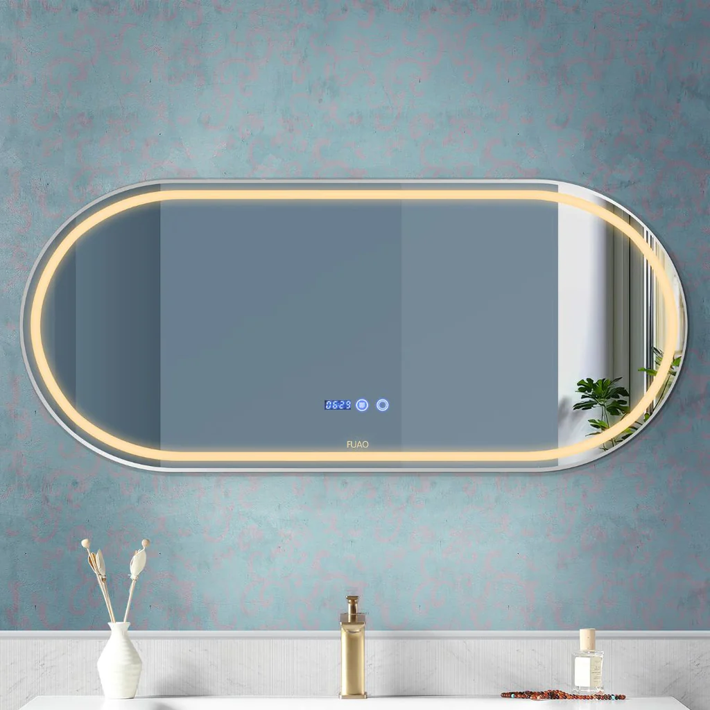 Custom oval LED mirror installation Dubai UAE | مرآة ليد بيضاوية