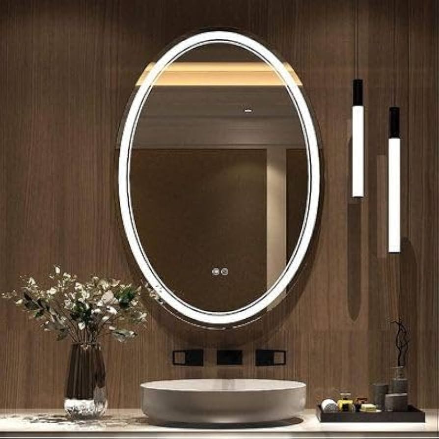 Oval LED bathroom mirror installation Dubai UAE | تركيب مرآة ليد بيضاوية