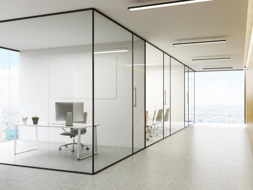 Black framed office glass partition installation Dubai Abu Dhabi UAE | قواطع زجاجية للمكاتب في دبي